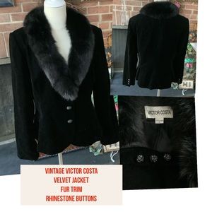Vintage Victor Costa Velvet Jacket with Fur Collar & Rhinestones Buttons